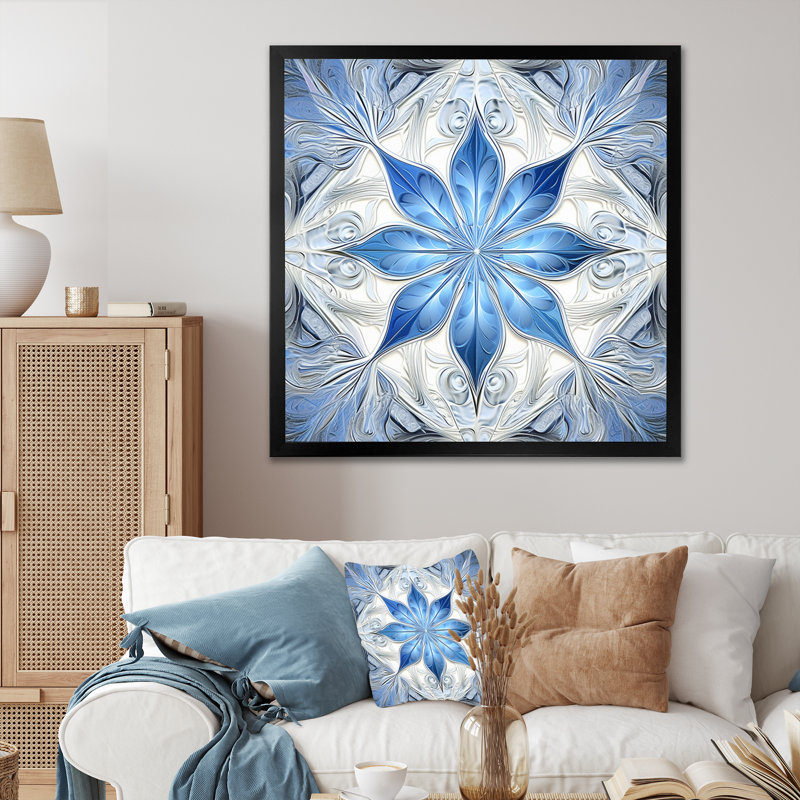 Turquoise et fleurs blanches fractales I - art mural géométrique abstrait, Cadre simple noir, H 36 po x l 36 po x P 1,5 po