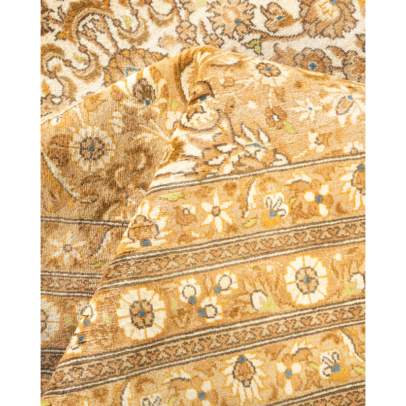 Tapis ivoire / brun / jaune noué à la main de conception unique 8 pi 1 po x 10 pi 8 po Mogul