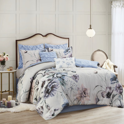 Édredon très grand - 8 pièces avec literie bleue en coton à motif floral
