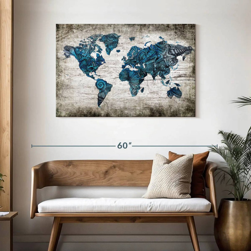 Carte du monde nautique rustique Aliaz, H 30 po x l 45 po