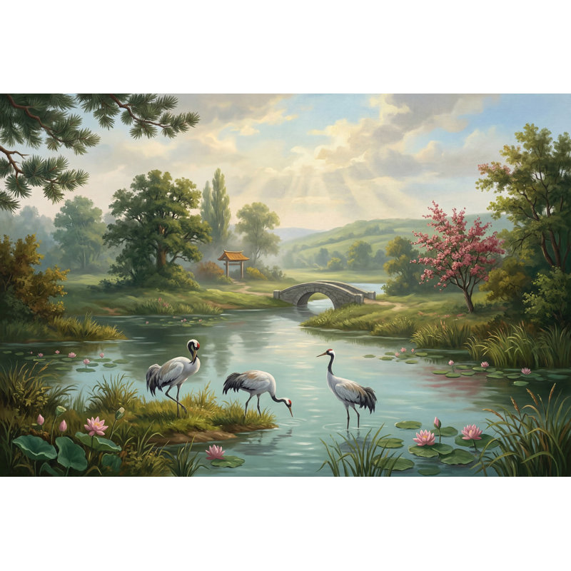 Papier peint paysage de pont en pierre amovible Tranquil, 140 po x 108 po, Peler et coller