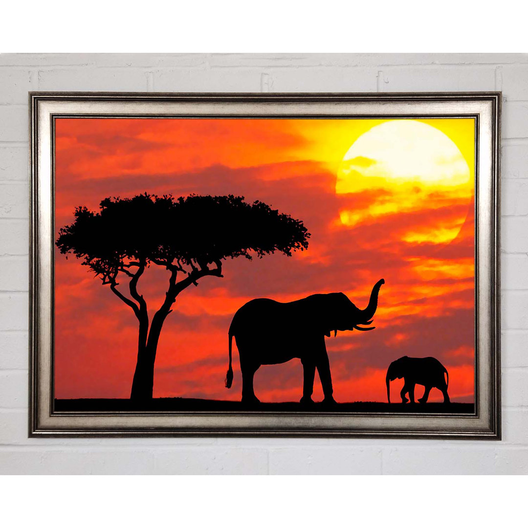 Mutter und Baby Elefant Silhouette bei Sonnenaufgang Kenia - Einzelne Bilderrahmen Kunstdrucke