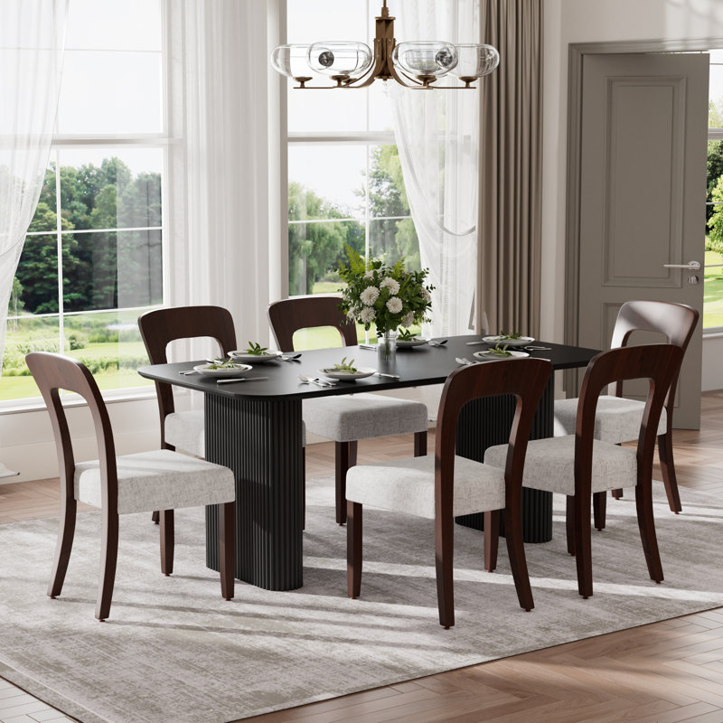 Ensemble de salle à manger rectangulaire à double piédestal avec chaise en chenille, Marron clair, Noir