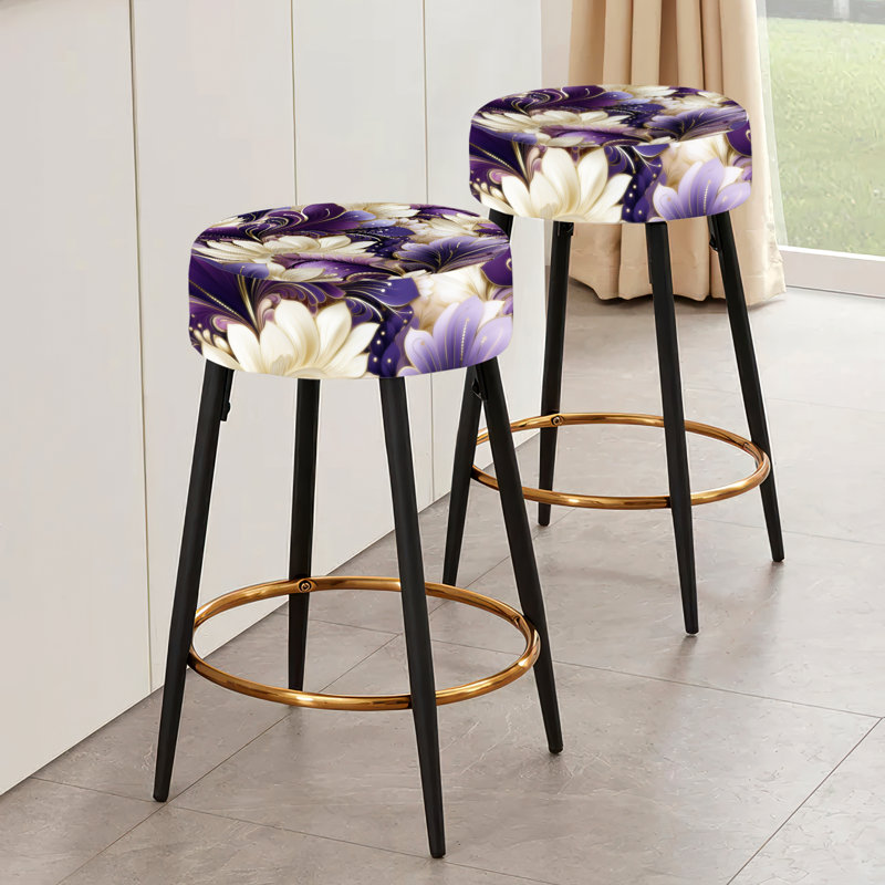 Ensemble de 2 tabourets de bar damassés mauve et blanc Art Deco
