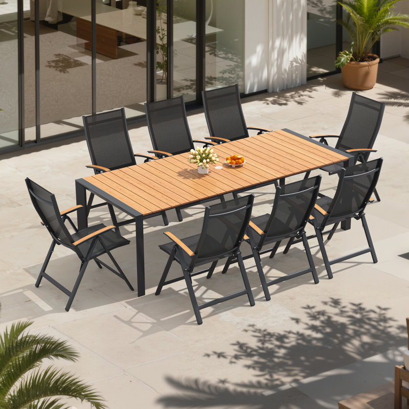 10 - Person  94.5’’ L Aluminum Patio Dining Set With Adjustable Folding Chairs And Umbrella Hole, Brown, 10