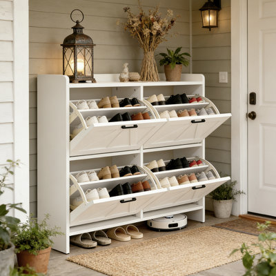 New Arrival - 10" Narrow Entryway Shoe Cabinet With 4 Flip Drawer, Slim Hallway Organizer For Small Spaces, Bottom Clearance For Slippers Or Robot Vacuum, Modern Barn Door With Metal Handles