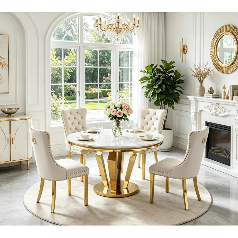 Ensemble de salle à manger ronde de luxe pour 4 personnes, table de cuisine 5 pièces en faux marbre et chaises rembourrées en velours, piètement en diamant doré