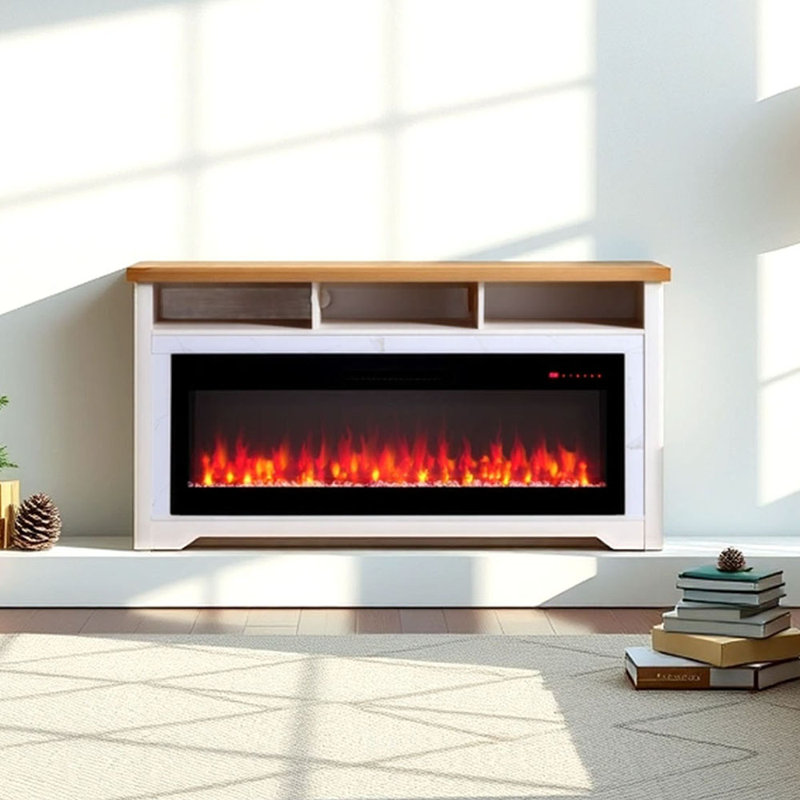Meuble télé 70 po pour téléviseur de 70 po ou moins avec foyer électrique intelligent, blanc, H 32 po x l 70 po x P 13,75 po