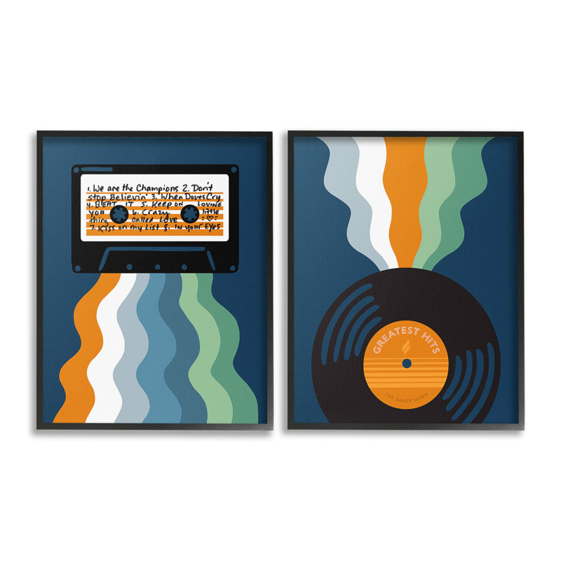 "Retro Music With Stripes" par Laura Marr - 2 pièces, Giclée encadrée noir minuit, H 16 po x l 20 po