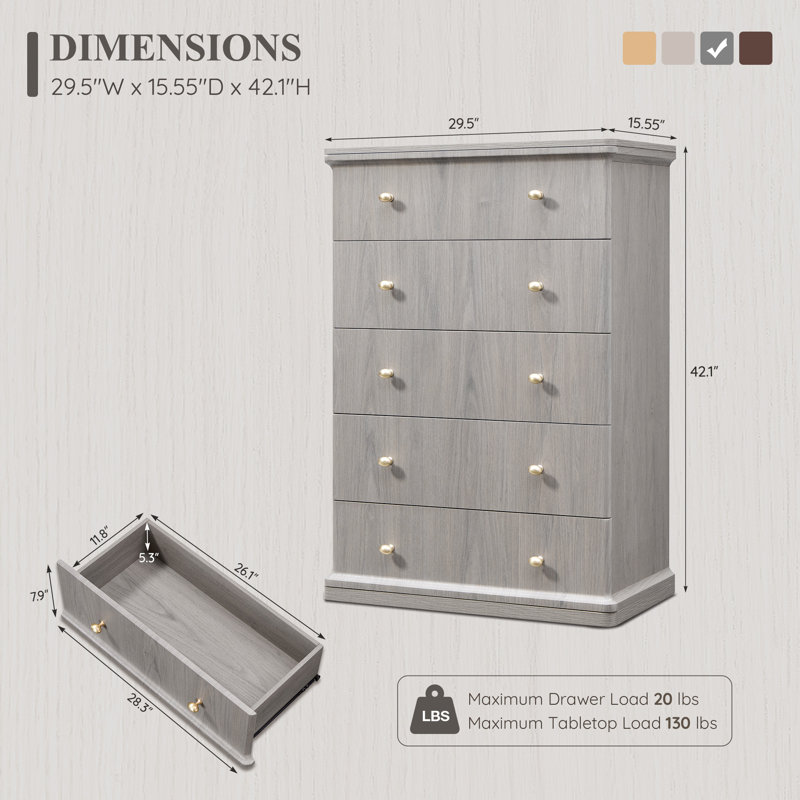 Commode 5 tiroirs Abarca, Gris, 5