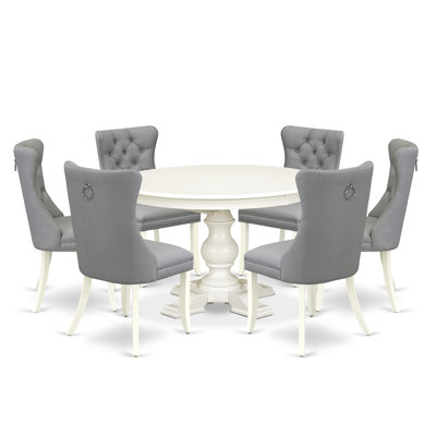 7-Piece Dining Room Table Set 6 Light Gray Upholstered Chairs with Polyester Fabric and Round/Oval shape Table - Linen White Finish.