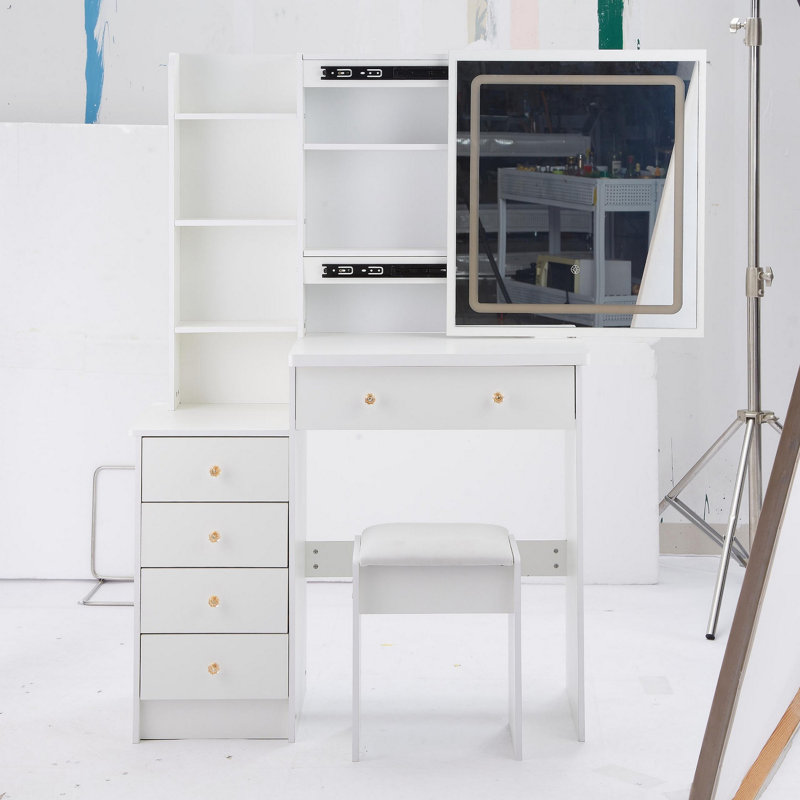 Meuble-lavabo de 37 po avec tabouret de chevet de taille moyenne 37 po + tabouret rembourré, grande commande tactile, interrupteur tricolore, miroir à luminosité réglable, rangement à grande capacité, convient aux espaces moyens