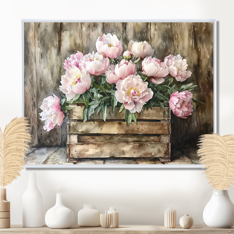 Pivoine campagnarde - Bouquet de pivoines, H 34 po x l 44 po, Blanc, Floater Framed