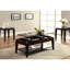 Table basse moderne en noyer avec plateau relevable, compartiments de rangement et tablette