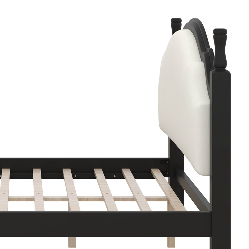 Lit plateforme en bois avec tête de lit tapissier, cadre de lit moderne, Grand lit, Noir / Beige