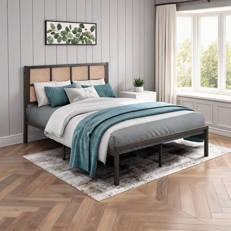 Dark Bronze Finish Metal Queen Platform Bed, Faux Cane Panel Headboard, No Box Spring Required Coastal Bedroom Furniture
