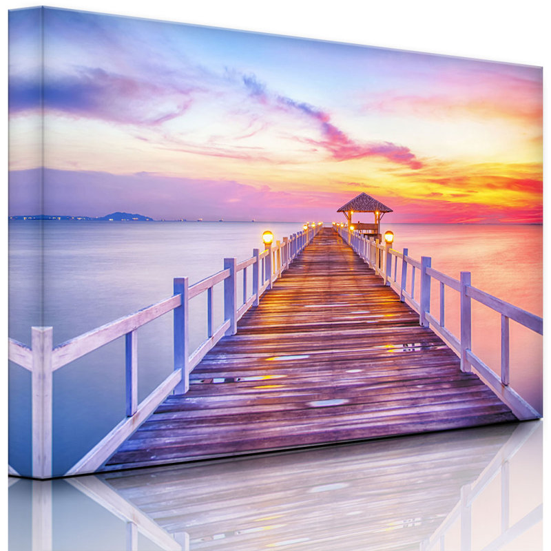 Jetty Into The Sea At Sunset by No - Wrapped Canvas Print, With lighting, 70cm H x 100cm W x 4.5cm D