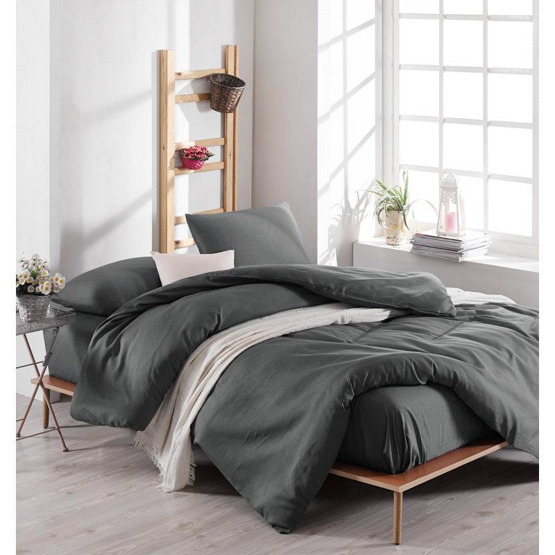 Ensemble de housse de couette 4 pièces en mélange de coton gris Emeteria