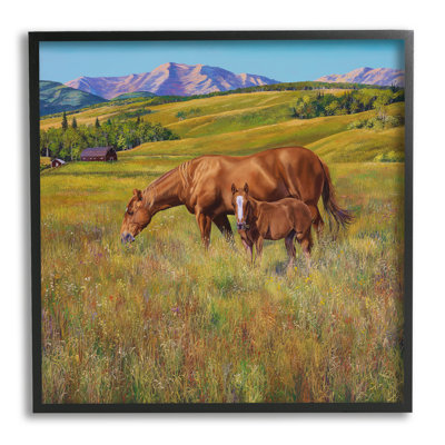 Chevaux paissant dans une prairie, encadré sur bois par © Andrew Kiss, peinture