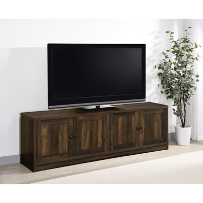 Meuble télé 4 portes, en pin foncé contrecollé, étagères intérieures réglables pour appareils multimédias et électroniques, quatre portes encadrées pour un rangement optimal, forme carrée avec finitions soignées, compatible avec les téléviseurs de 80 à 89 pouces, style transitionnel.