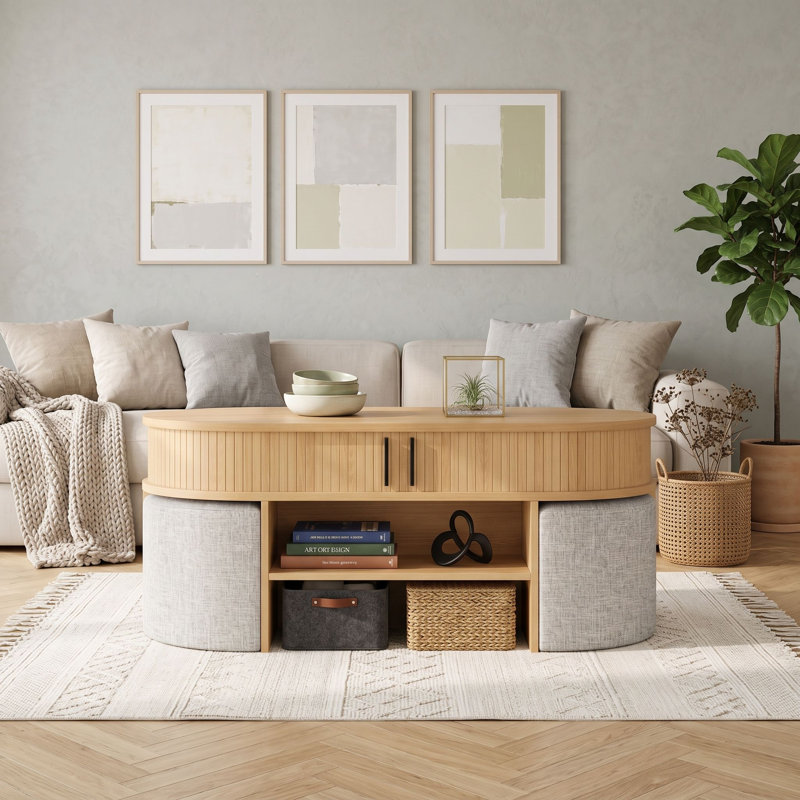 Ensemble de tables basses ovales avec tabourets rembourrés, tables de rangement gigognes avec tablettes ouvertes et armoires cachées