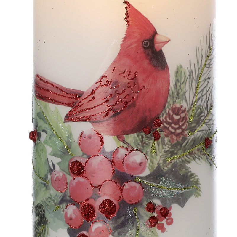8" Cardinal W/Berries Faux Candle Set of 2