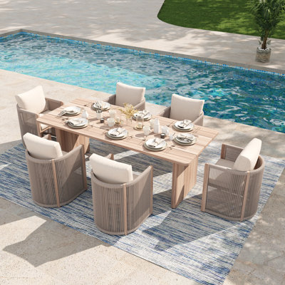 6-person Outdoor Dining Set With 1 Rectangular Slatted Table & 6 Armchairs