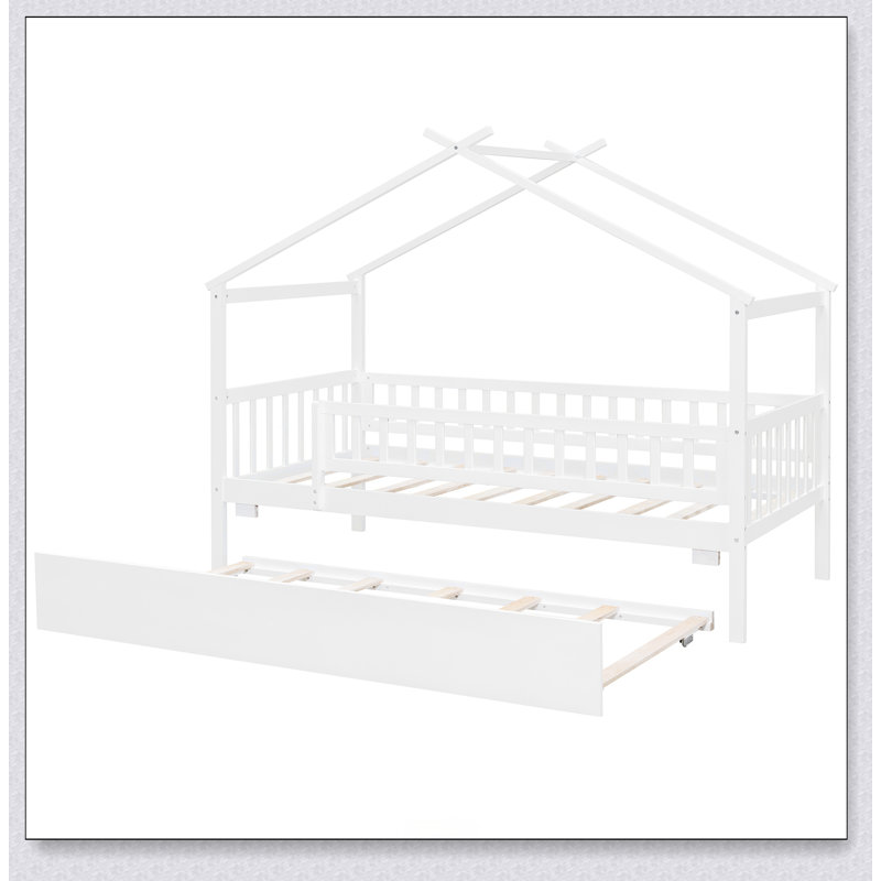 Wooden House Bed With Trundle, White