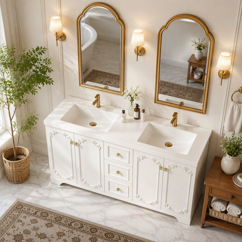 Armoire de salle de bain blanche sculptée de style français 60 po, armoire de rangement abondante, 4 portes à fermeture douce et 3 tiroirs