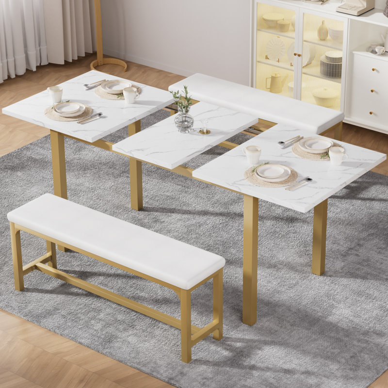 Ensemble de table de salle à manger extensible 63 "avec banc Vidala, ensemble de table de cuisine rectangulaire en bois pour 6 à 8 personnes