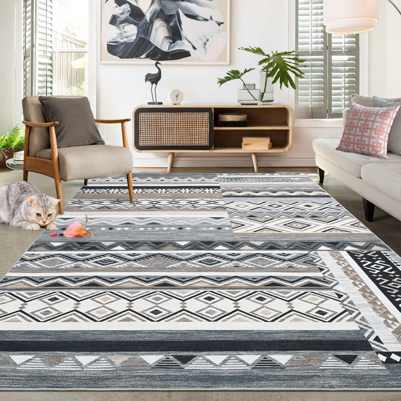 Geometric Machine Washable Rug for Living Room Bedroom Striped Non-Slip Low Pile Rubber Backing Area Rug for Playroom Office Kitchen Dining Room Dorm and Bedside Decor