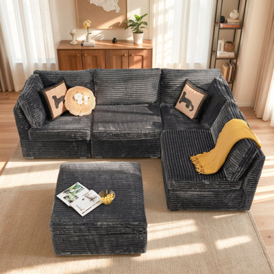 Canapé modulaire en velours côtelé moelleux avec repose-pieds mobile 95,05 po Hogle
