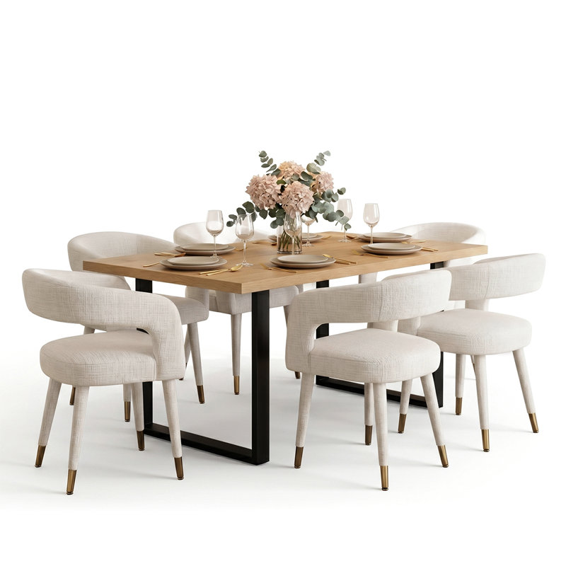 Modern 71" Rectangular Dining Set With 6 Chenille Upholstered Curved Arm Dining Chairs, Beige