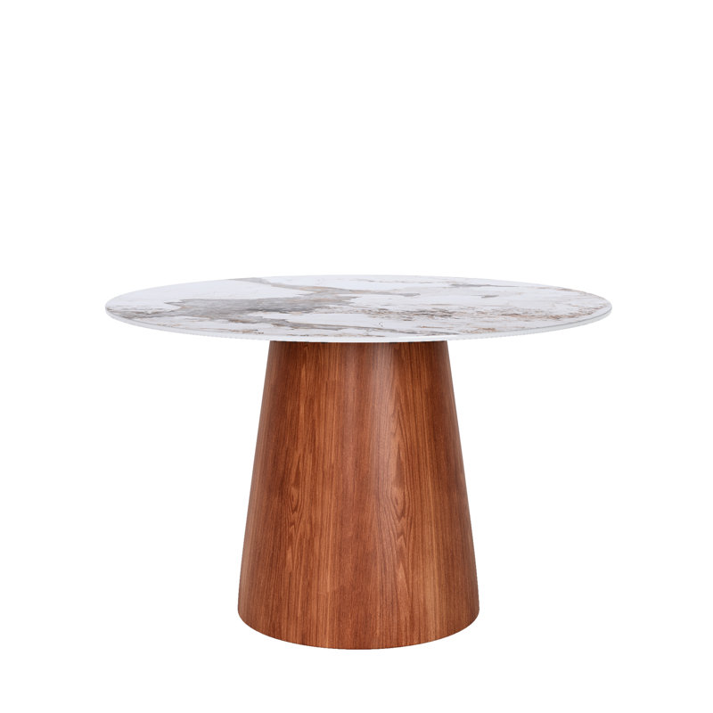 Small 43" Round Dining Modern Kitchen Table For 2/4 With Sintered Stone Top, Brown, White Sand