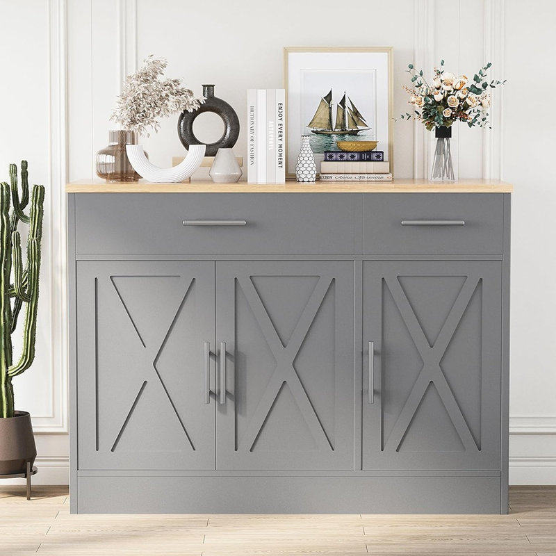 Farmhouse Sideboard Buffet With 3 Doors & Adjustable Shelf – Grey