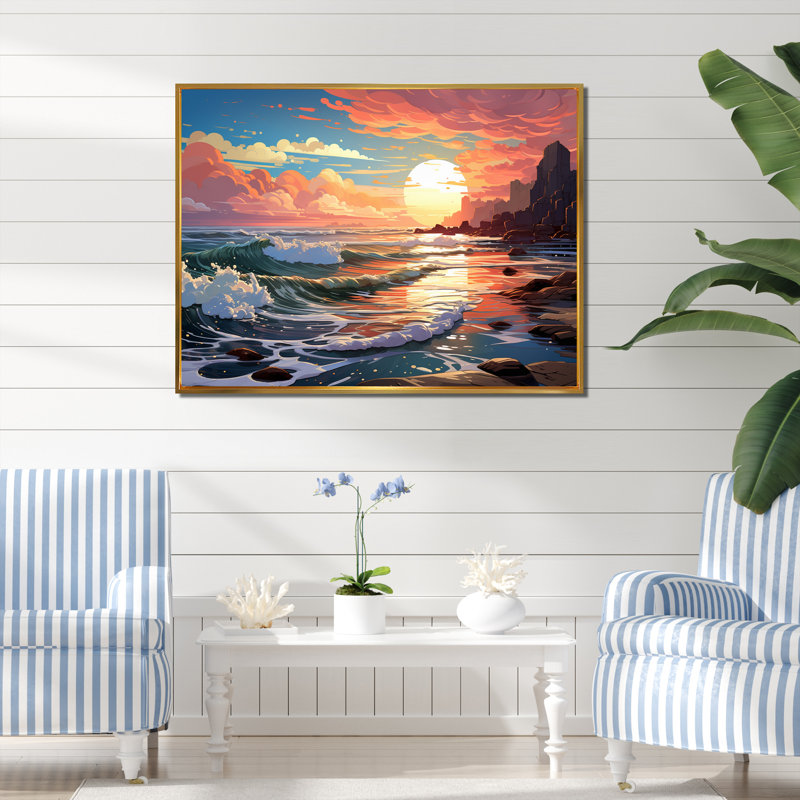 «Glorious Pink Blossoming Sunrise Over Ocean I», reproduction sur toile, H 24 po x l 32 po, Cadre flottant doré