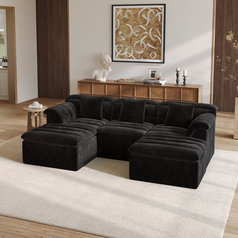 112" Modular U-Shape Cloud Sofa with Deep Seating, Corduroy Couch, No Assembly Required, Black, Black Corduroy