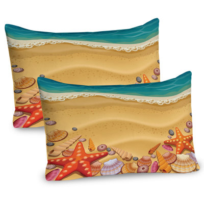 Ambesonne Beach Pillow Sham 2 Pack Seashell on Shore Cartoon Sand Brown Orange Teal -  pil-2_11819_26x20