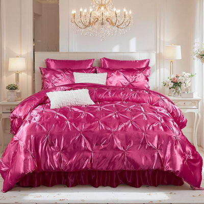 Satin Twin Comforter Set with Sheets,Bed in a Bag Twin,Pinch Pleat Bedding Set,Home Decor,8 Pcs Hot Pink Pintuck Luxury Bed Comforter Set,Soft Silky Down Alternative Comforter for All Seasons
