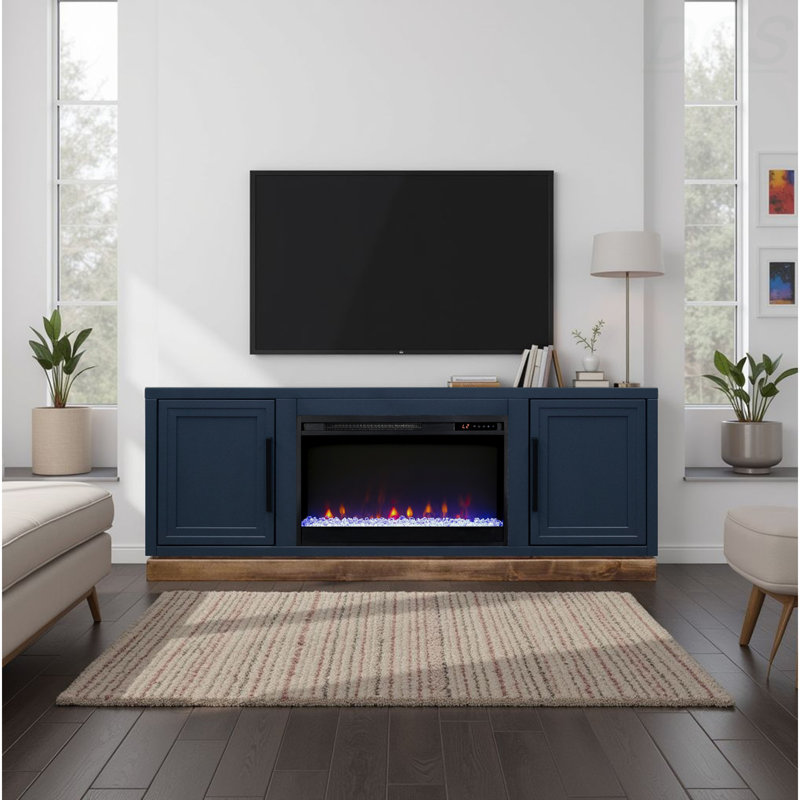 Meuble télé avec foyer 64 po Nora, H 27,02 po x l 64,03 po x P 17,03 po, Bleu
