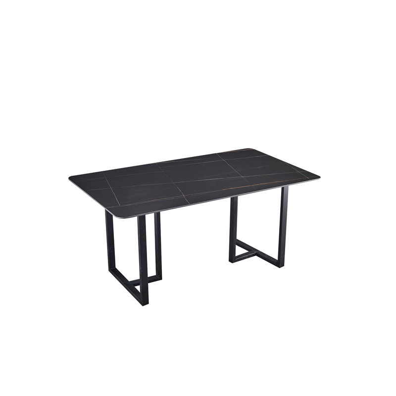 Table de salle à manger en acier au carbone avec surface en pierre noire Lauren - supporte jusqu'à 74 kg