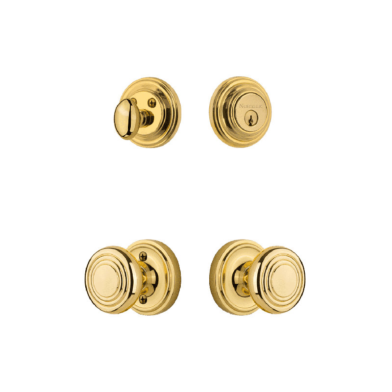 Nostalgic Warehouse Classic Rosette Entry Set with Deco Knob, Polished Brass, 2.375
