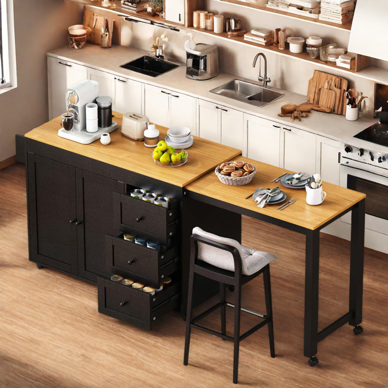 74.8" Extendable Kitchen Island with Dining Table, 3 Drawers, Power Outlet, Spice Rack, Black