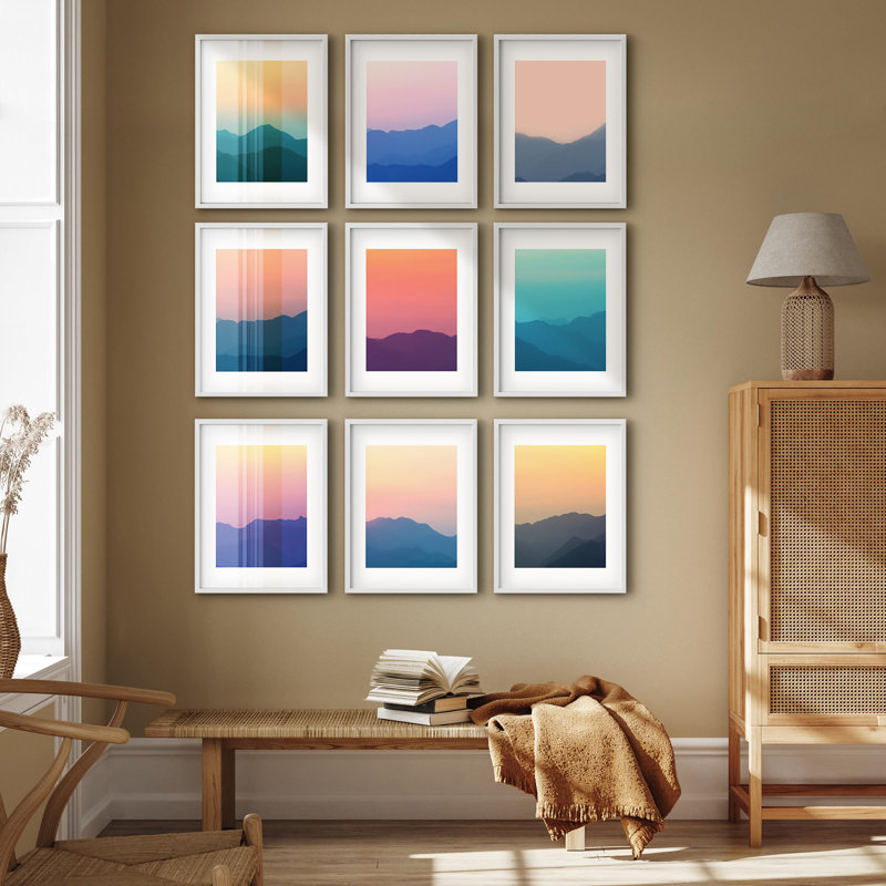 Ensemble de galerie d'art mural encadré, montagne et ciel, silhouette colorée, art sauvage moderne pour chambre à coucher, salon, bureau - 11 po x 14 po x 9 blanc