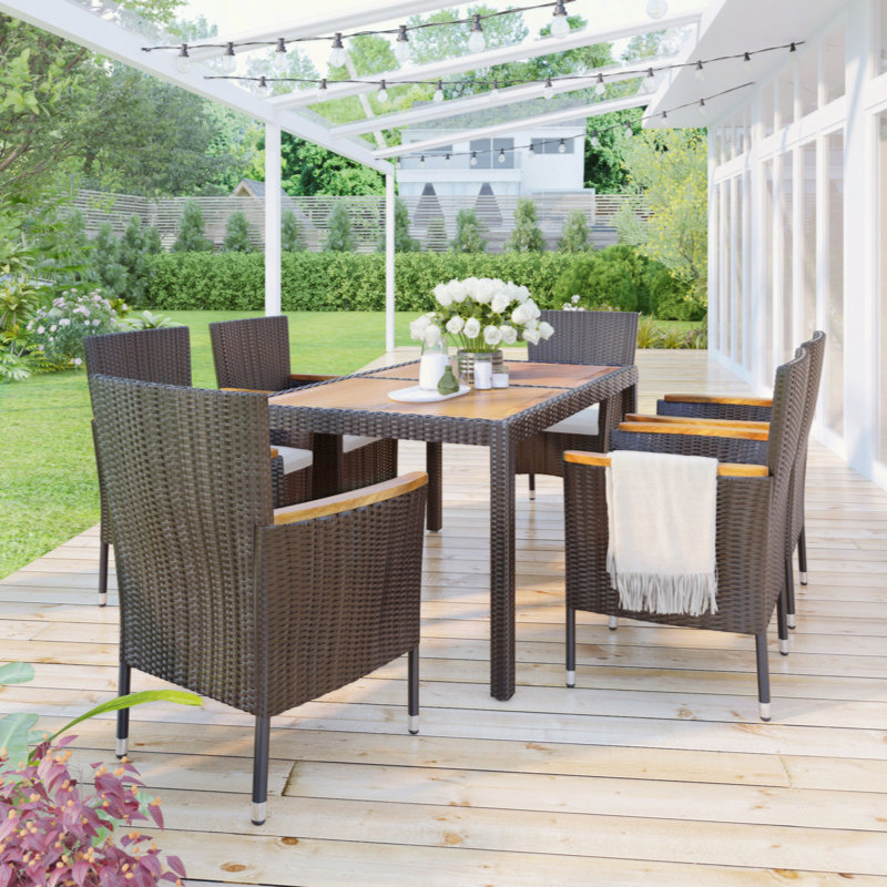 Brown and Beige Acacia Wood Top 7-Piece Outdoor Dining Set