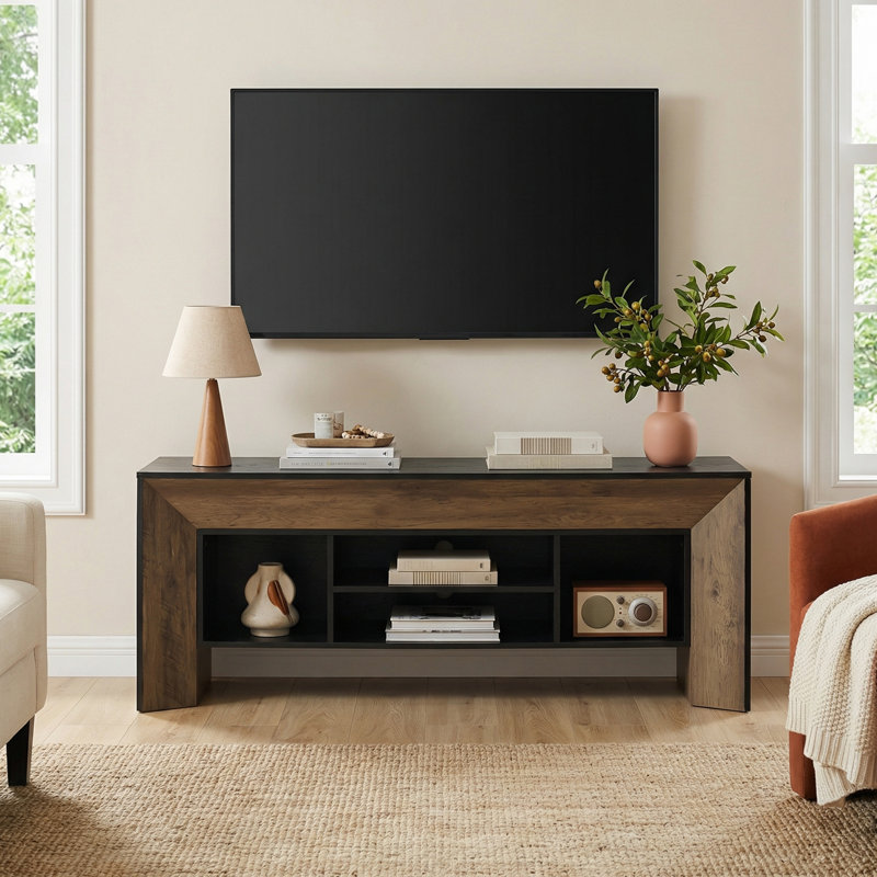 Meuble télé pour téléviseur de 70 po ou moins, meuble télé 63 po avec tablettes de rangement ouvertes, console média pour le salon et la chambre à coucher