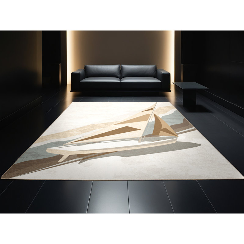 Machine Washable Aguilar Sailing Dinghy Coastal Geometric Rug in Beige – Beige Binding, 5x7
