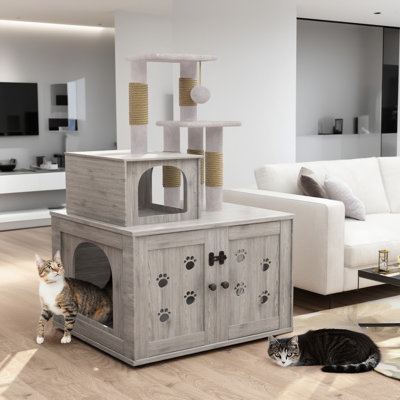 Large Litter Box Enclosure With Cat Tree & Condo, Hidden Cat Washroom Furniture With Divider, All-In-One Wooden Cat House With Platform, Scratching Post & Soft Plush Perch, Gray