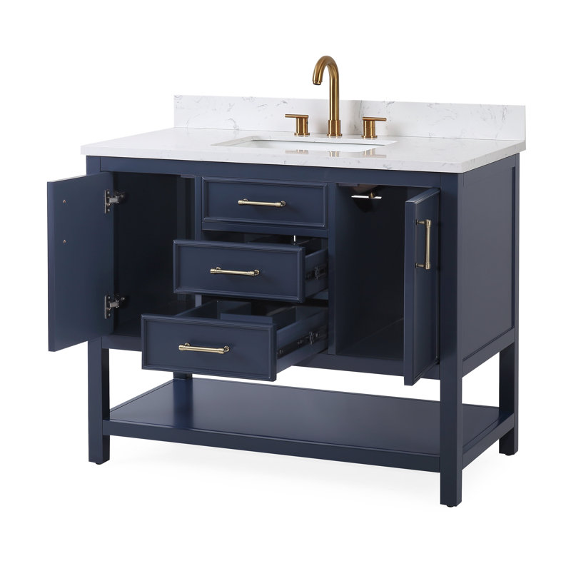Fleton 42'' Single Bathroom Vanity with Quartz Top, Navy Blue, Gold