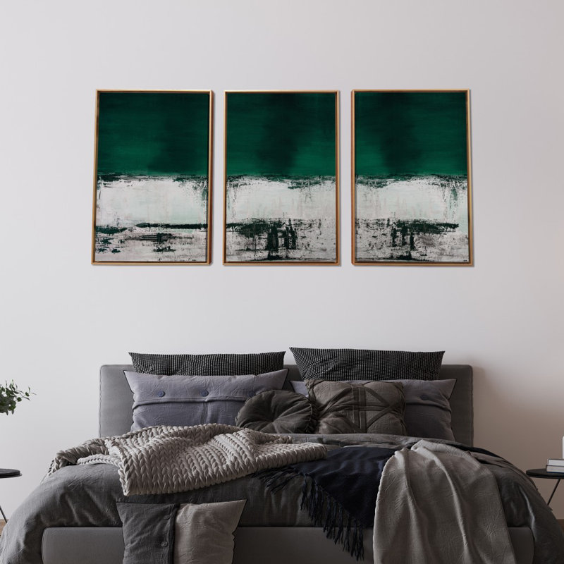 Three Piece Deep Green And Abstract Canvas Wall Art